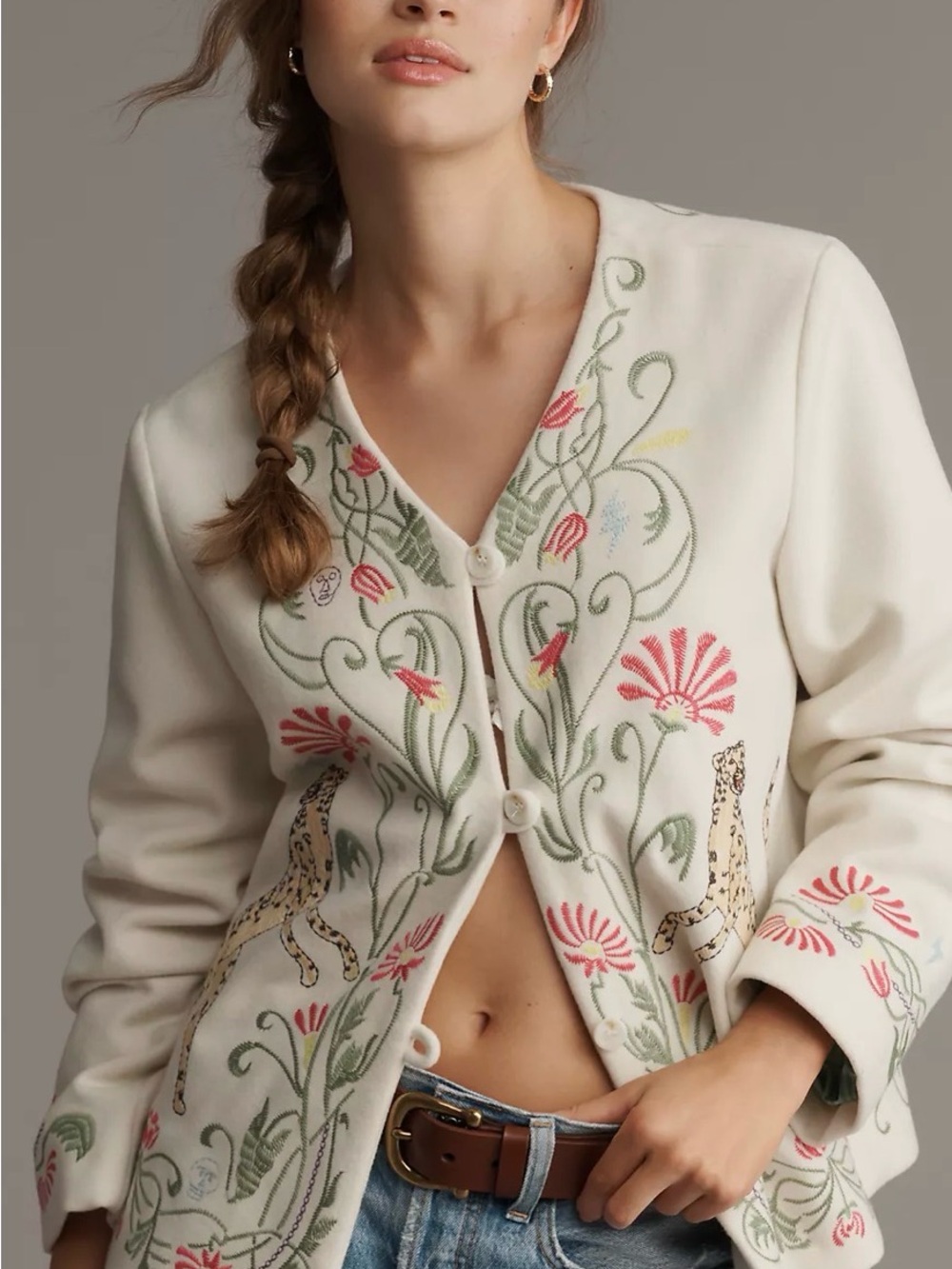MOTHER Cream Embroidered Floral & Leopard Button Jacket